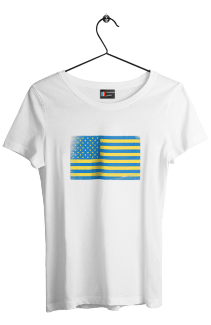Футболка жіноча з принтом "Український прапор США". Америка, американський прапор, жовто-блакитний, жовто-блакитний прапор, національний, прапор америки, прапор україни, прикол, сполучені штати, сша, україна, український прапор. Print Shop