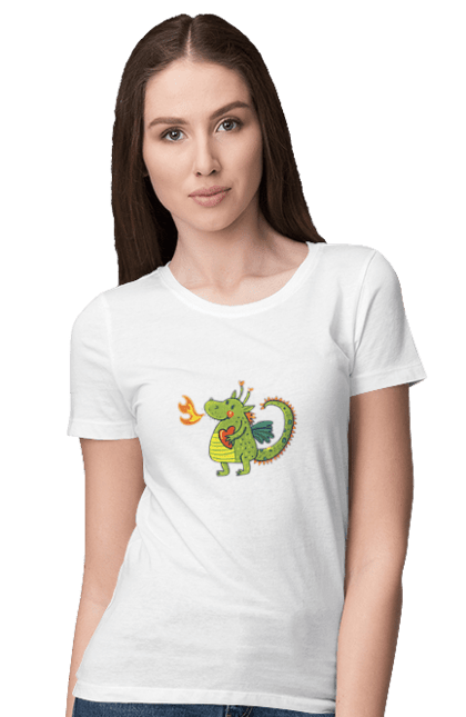 Women's t-shirt with prints Dragon in love. Dragon, fire, green dragon, heart, hearts, love, new year, symbol 2024. 2070702