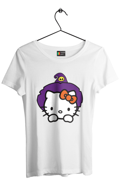 Women's t-shirt with prints Hello Kitty Halloween. Brand, cat, character, halloween, hello kitty, kitten, kitty, witch. 2070702