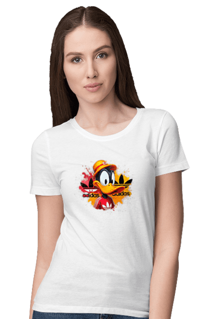 Women's t-shirt with prints Daffy Duck Adidas. Adidas, cartoon, character, daffy duck, duck, looney tunes, merrie melodies, warner brothers. 2070702