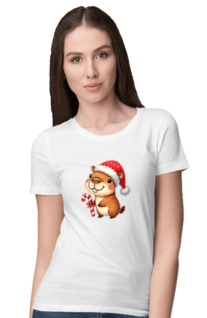 Women's t-shirt with prints Capybara with Christmas Candy. Animal, capybara, christmas, christmas capybara, gift, holiday, lollipop, new year, new year`s gift, santa. 2070702