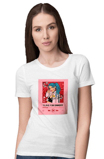 Women`s t-shirt with prints I Live For Danger. Anime, music, pistol, turntable. 2070702