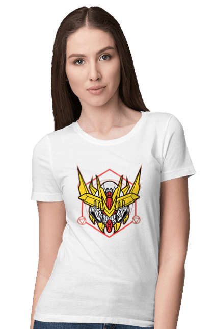 Women's t-shirt with prints Gundam Barbatos Lupus Rex. Anime, asw g 08, barbatos lupus rex, game, gundam, manga, robot, video game, war. 2070702