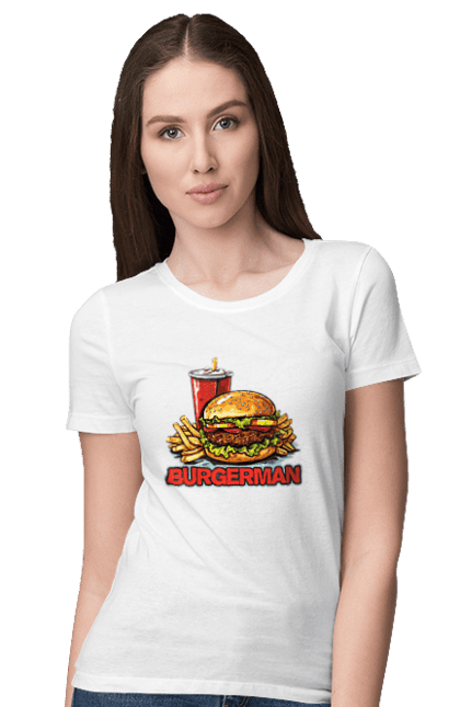 Футболка жіноча з принтом "Burgerman". Бургер, для чоловіків, їжа, літні, макдональдс, прикольні, трендові, фаст фуд, чоловічі. 2070702