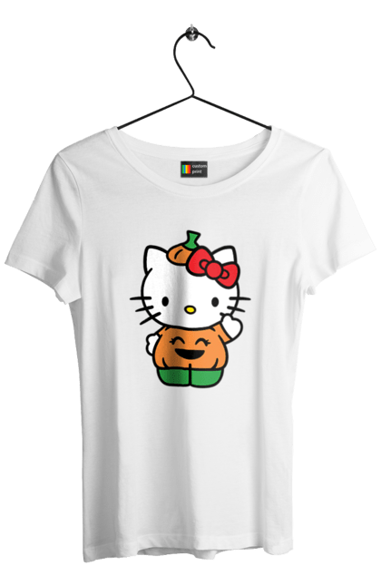 Women's t-shirt with prints Hello Kitty Halloween. Brand, character, halloween, hello kitty, kitten, kitty, pumpkin. 2070702