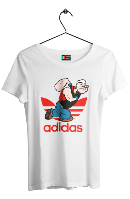 Футболка жіноча з принтом "Adidas Моряк Попай". Adidas, popeye the sailor, адідас, комікс, моряк, мультфільм, серіал, трубка. 2070702