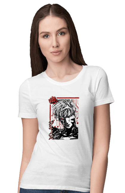 Women's t-shirt with prints One Punch Man Genos. Anime, comedy, cyborg, demon, demon cyborg, genos, manga, one punch man, parody, superheroes. 2070702