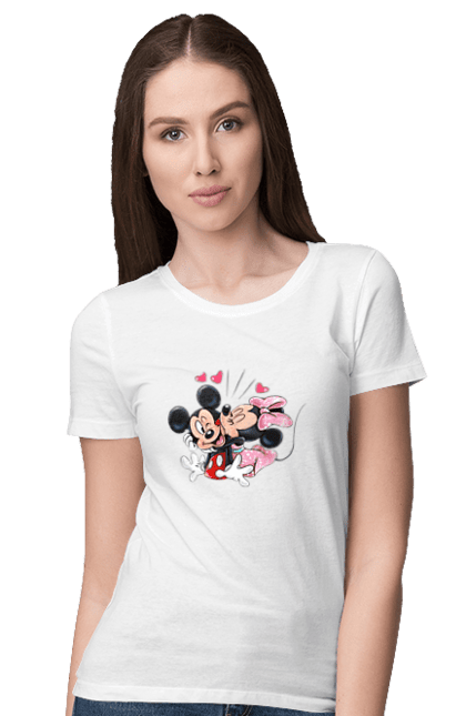 Футболка женская с принтом Микки Маус и Минни Маус. Mickey mouse, minnie mouse, дисней, микки, микки маус, минни маус, мультфильм. 2070702