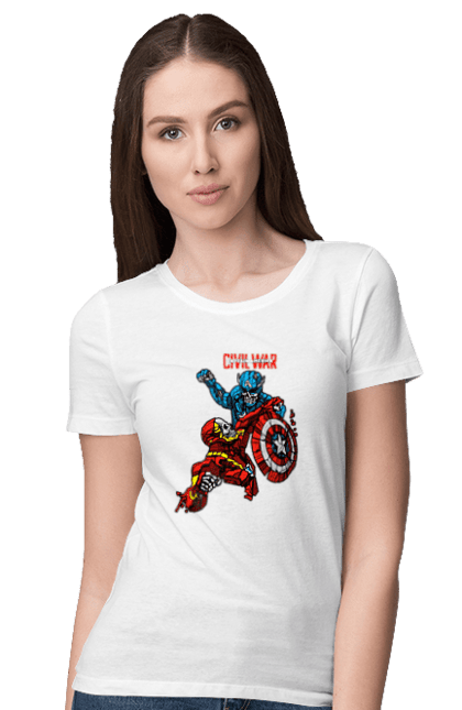 Футболка женская с принтом Железный человек vs Капитан Америка. Captain america, civil war, iron man, marvel, marvel comics, железный человек, капитан америка, марвел, мстители, тони старк. 2070702