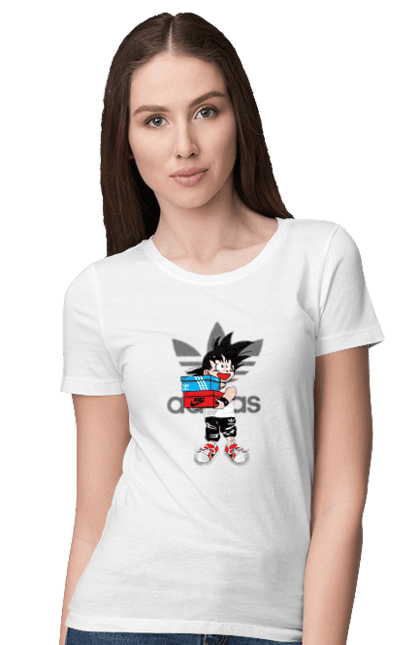 Футболка женская с принтом Adidas Сон Гоку. Adidas, anime, dragon ball, son goku, адидас, аниме, гоку, жемчуг дракона, манга, сон гоку. 2070702