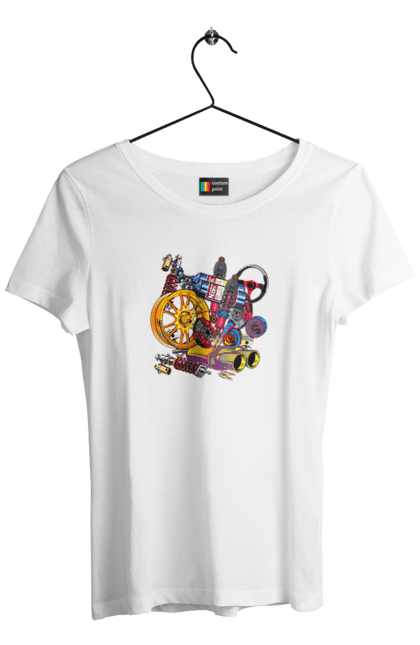 Футболка жіноча з принтом "Автозапчастини". Автозапчастини, гонка, драгрейсинг, драйв, машина, стрітрейсинг. 2070702