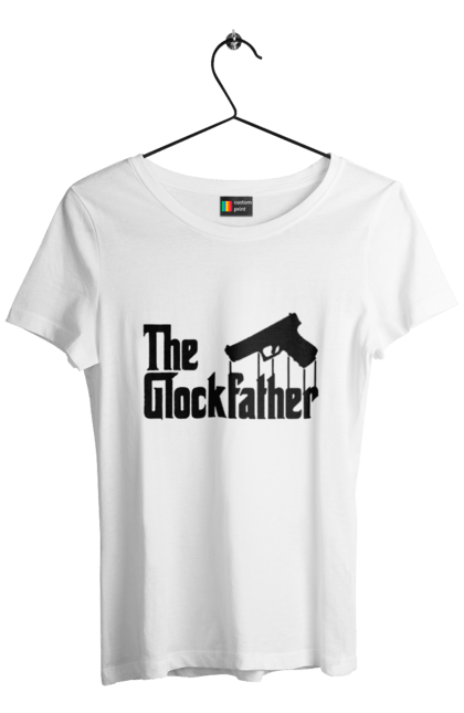 Футболка жіноча з принтом "The GlockFather". Gangster, glockfather, godfather, godfather reference, вогнепальна зброя, гангстер, глок, зброя, пістолет, пістолет. 2070702