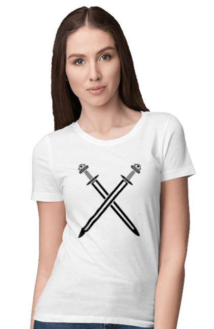 Футболка жіноча з принтом "Два схрещені мечі". Вікінги, зброя, меч, мечі, схрещені мечі. CustomPrint.market