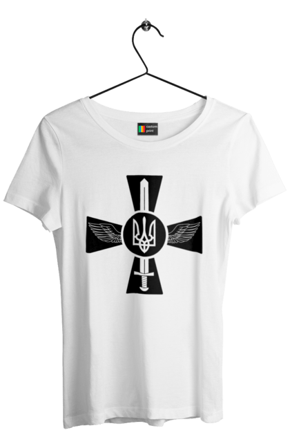 Футболка жіноча з принтом "Україна герб". Герб, крила, меч, україна. 2070702