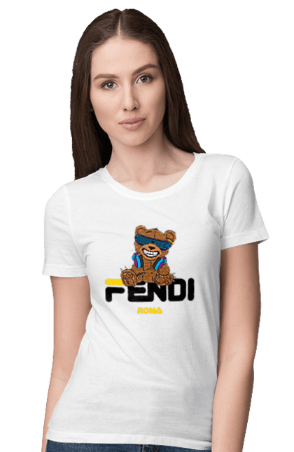 Футболка жіноча з принтом "Fendi". Fendi, бренд, будинок моди, ведмедик, італія, люкс, мода, одяг, сумка, фенді. 2070702