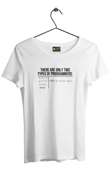 Футболка жіноча з принтом "Два типи програмістів". Два програмісти, два типи, два типи програмістів, жарт it, мак адреса, програміст, технічне завдання, ти ж програміст, фрілансер. 2070702