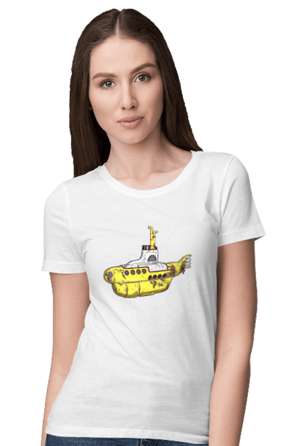 Футболка жіноча з принтом "Жовтий підводний човен". Біт група, бітлз, група, джон леннон, жовта, жовтий підводний човен, знаменита, класика, ливерпуль, музика, підводний човен, покоління, поп, рок, рок н ролл, хіт. ART принт на футболках