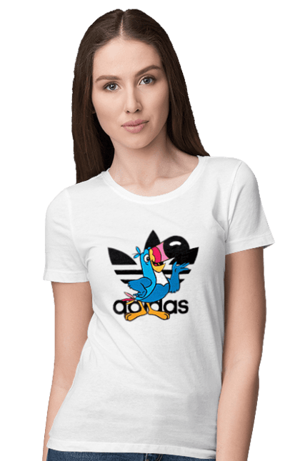 Футболка женская с принтом Adidas Тукан Сэм. Adidas, froot loops, toucan sam, адидас, москот, тукан сэм. 2070702