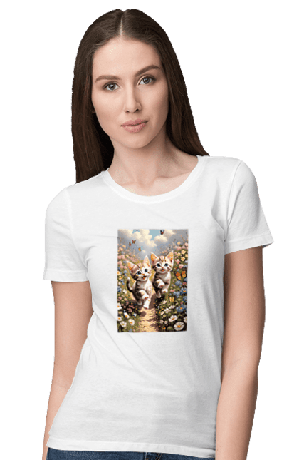 Women's t-shirt with prints Kittens. Flowers, kittens, lawn, meadow. CustomPrint.market