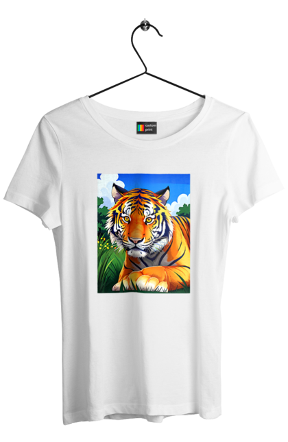 Футболка жіноча з принтом "Тигр у квітах". Тигр, тигр на природі, тигр у квітах. CustomPrint.market