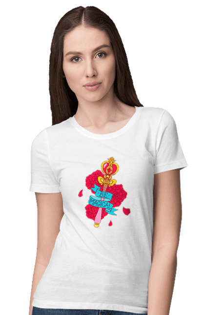 Women's t-shirt with prints Be Magical. Anime, charm, flowers, magic, rose flower, sailor moon, tv series, wand. 2070702