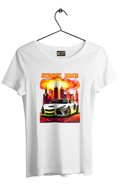 Футболка жіноча з принтом "Атомна гонка". Авто, автомобіль, атомні перегони, гонки, гоночні машини, спортивна машина, спорткар. 2070702