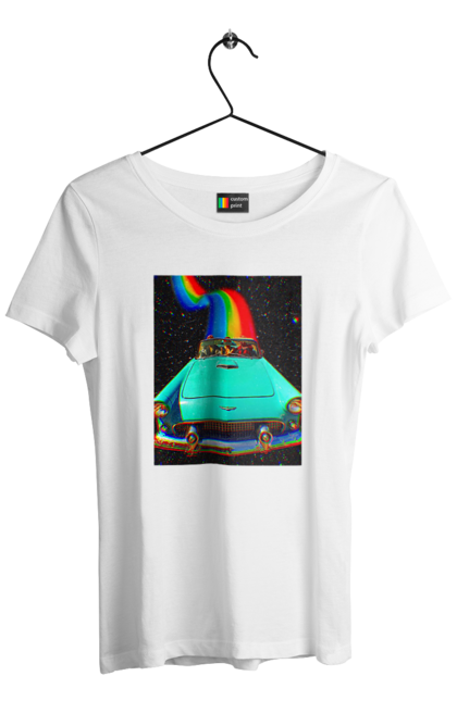 Футболка жіноча з принтом "Картина, машина у космосі". Веселка, картина, космос, машина, подорожі, поїздка, прикол, ретро. 2070702