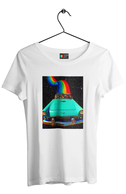 Футболка жіноча з принтом "Картина, машина у космосі". Веселка, картина, космос, машина, подорожі, поїздка, прикол, ретро. 2070702