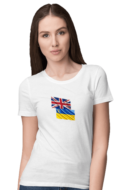 Women`s t-shirt with prints Flag United Kingdom, Flag Ukraine, Support Ukraine. Flag united, flag united kingdom, global peace, great britain, kiev, national colors, national team, peace for ukraine, proud grandpa, support ukraine, ukraine, ukraine flag, ukraine war, united kingdom, war, zelensky. 2070702