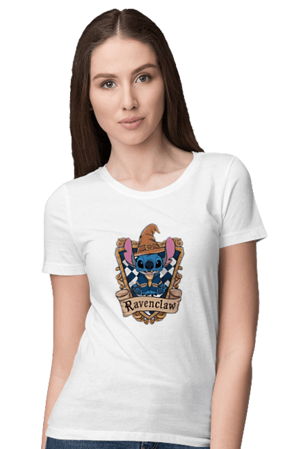 Women's t-shirt with prints Stich Ravenclaw. Faculty, franchise, harry potter, hogwarts, ravenclaw, stich. 2070702