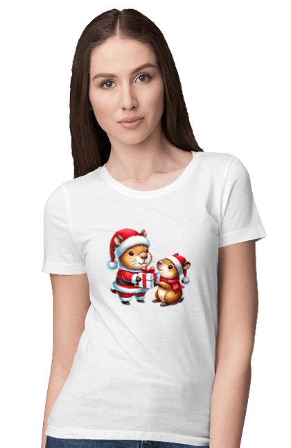 Women's t-shirt with prints Christmas Capybara with a Gift. Animal, capybara, christmas, christmas capybara, gift, holiday, new year, new year`s gift, santa. 2070702