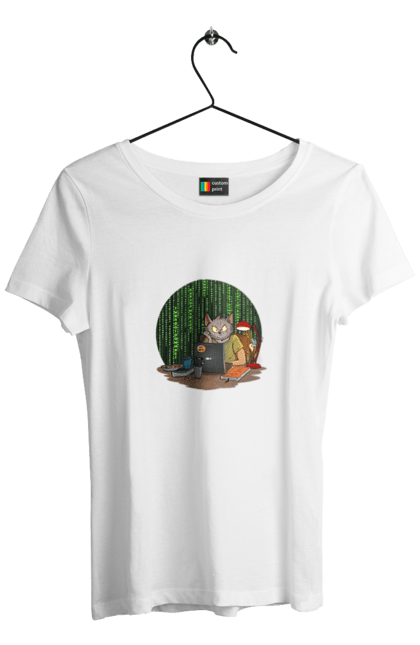 Women`s t-shirt with prints Cat programmer. Aitі, angular, c, code, css, html, humor, it, it specialist, javascript, jquery, koduvati, php, proger, programmer, programmers, python, react, svelt, type programmer, vue, you. 2070702