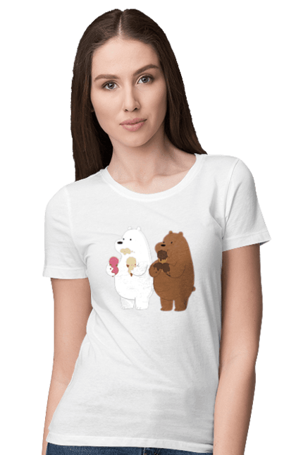 Футболка жіноча з принтом "Білий і бурий ведмідь об'їдаються морозивом". Білий ведмідь, бурий ведмідь, морозиво. CustomPrint.market