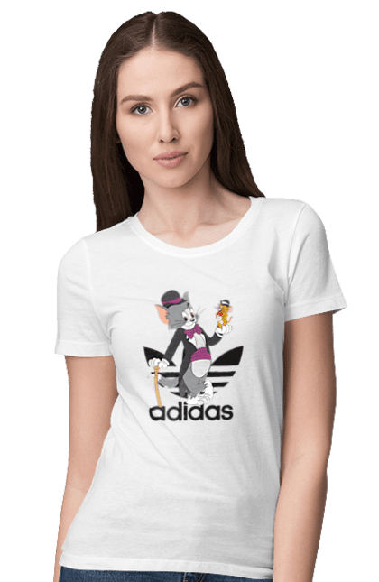 Футболка женская с принтом Adidas Том и Джерри. Adidas, tom and jerry, адидас, джерри, кот, мульт, мультсериал, мышь, том, том и джерри. 2070702