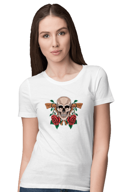 Women's t-shirt with prints Skull with roses. Bones, eyes, flowers, gun, leaves, rose flower, scull, spikes, teeth. 2070702