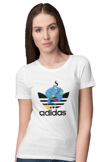 Футболка женская с принтом Adidas Джинни. Adidas, aladdin, genie, адидас, аладдин, джинни, мультфильм, персонаж. 2070702