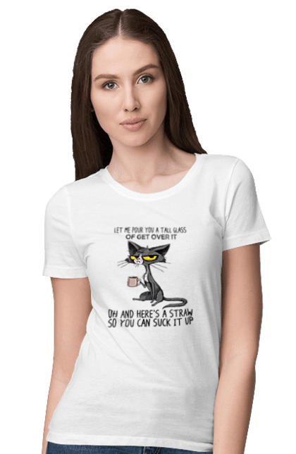 Футболка жіноча з принтом "Як це пережити?". Велика склянка, випий, все відмінно, йди нахуй, кіт і кухоль, налий, роздум, смоктати, як це подолати. 2070702