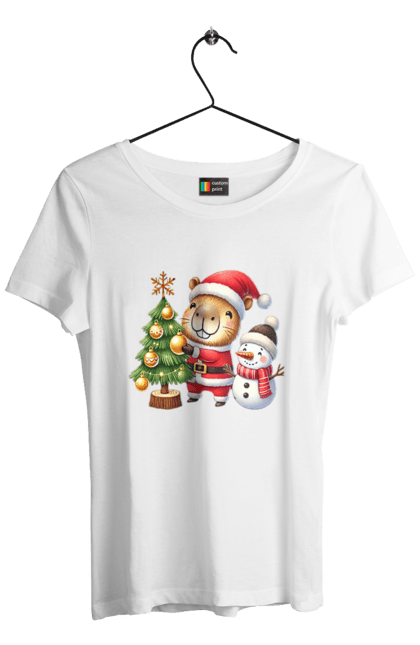 Women's t-shirt with prints Christmas Capybara with a Tree. Animal, capybara, christmas, christmas capybara, christmas tree, gift, holiday, new year, new year`s gift, santa. 2070702