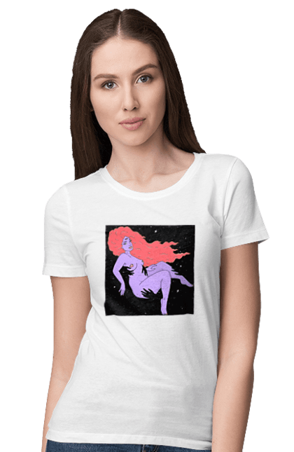 Футболка жіноча з принтом "Фіолетова Дівчина В Чорній Дирі". Дівчина, лапають. 2070702