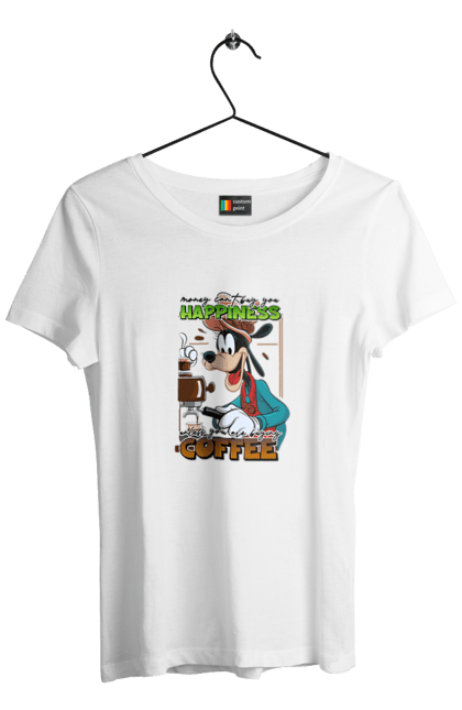 Women's t-shirt with prints Goofy Coffee. Animated series, cartoon, coffee, cup, disney, dog, goofy. 2070702