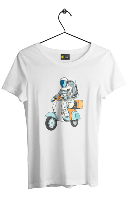 Футболка жіноча з принтом "Космонавт на мотоциклі". Космонавт, космос, мотоцикл. 2070702