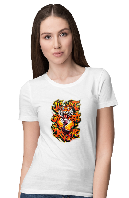 Women's t-shirt with prints Jujutsu. Animal, japan, jiu jitsu, jujutsu, martial arts, ninja, samurai, sport, tiger. 2070702