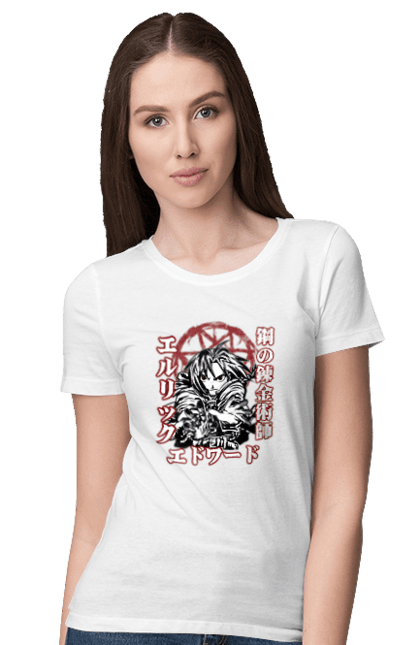 Women's t-shirt with prints Fullmetal Alchemist Edward Elric. Adventures, anime, comedy, edward, edward elric, elric, fullmetal alchemist, manga, steampunk. 2070702