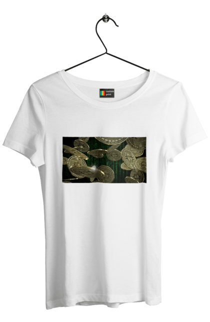 Футболка жіноча з принтом "Біткойн". Багатство, біткойн, валюта, гроші, криптовалюта, курс, майнінг, матриця, монета, розкіш, цифровий світ. 2070702