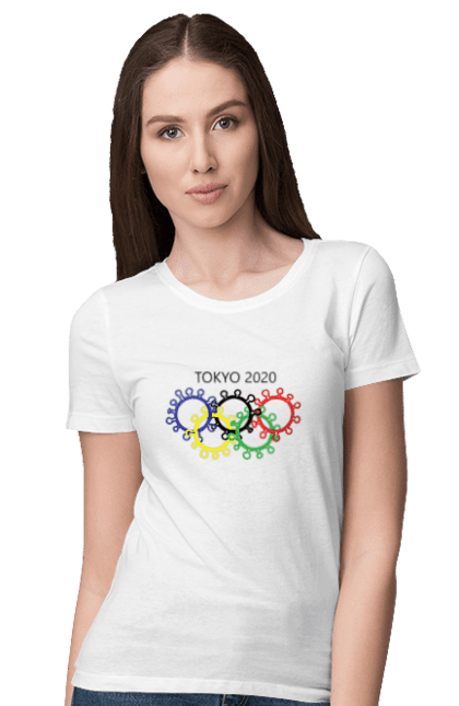 Футболка жіноча з принтом "Олімпійські Ігри Токіо, Коронавірус". Коронавірус, олімпійські ігри, токіо. ART принт на футболках