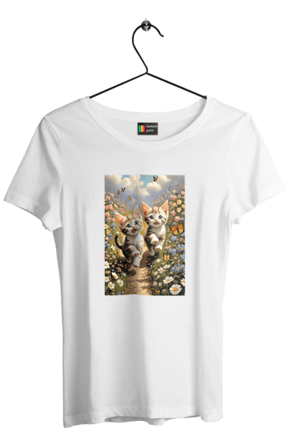 Women's t-shirt with prints Kittens. Flowers, kittens, lawn, meadow. CustomPrint.market