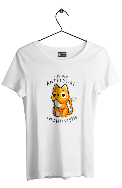 Футболка женская с принтом Не антисоциален, а антиглупый. Антиглупый, антисоциал, ирония, кот, мем, прикол, сарказм, хейт, цинизм, юмор. 2070702