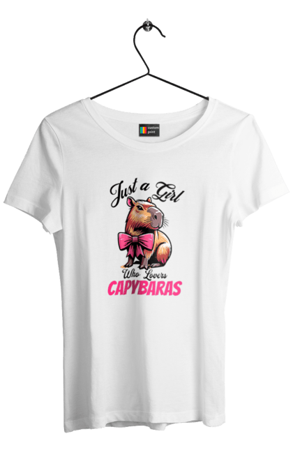 Women's t-shirt with prints Capybara. Animal, bow, capybara, pink, rodent. 2070702