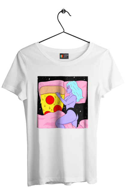 Футболка жіноча з принтом "Фіолетова Дівчина І Піца". Дівчина, ліжко, піца. 2070702