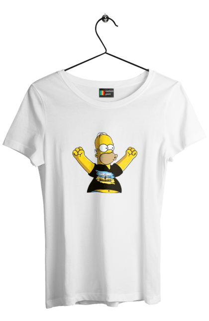 Футболка жіноча з принтом "Сімпсон та російський корабель". Війна, гомер, гомер сімпсон, марка корабель, патріот, перемога, російський корабель, сімпсон, україна. 2070702